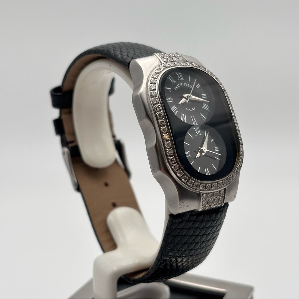 Philip Stein Teslar Dual Time Diamond Bezel Watch 45mm Lizard Strap - Picture 2 of 10